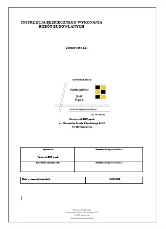 Instrukcja bezpiecznego wykonywania robót budowlanych (IBWR) Pawłowski BHP ppoż.